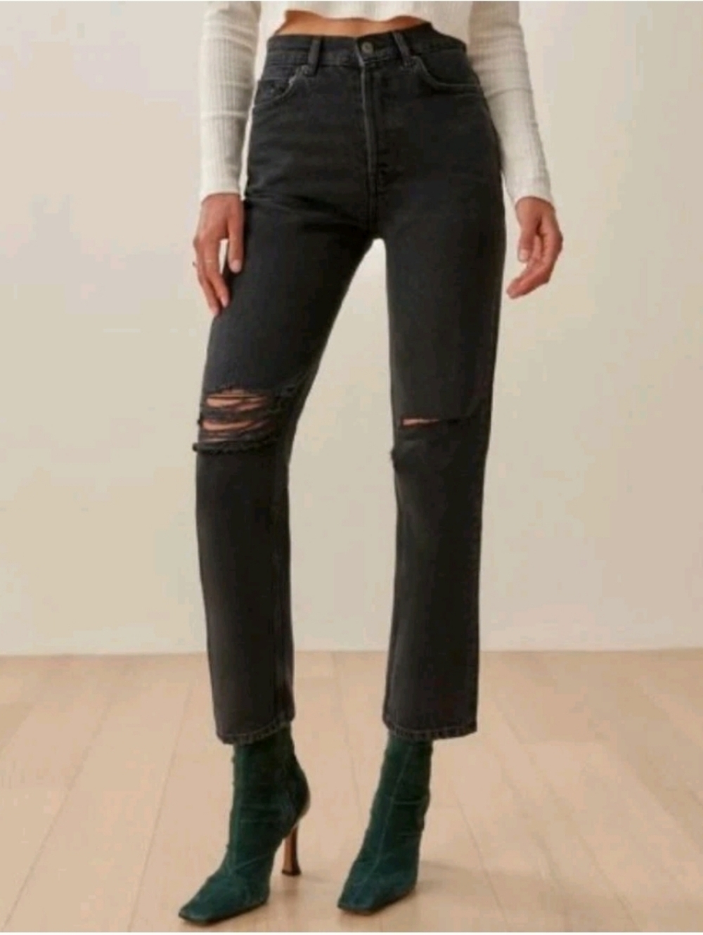 Reformation Cynthia High Rise Straight Jeans Lagoon Destroyed Black Denim Sz 29